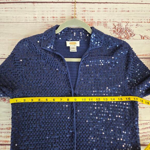 Talbots Hand Knit Sequin Cardigan S Navy Blue Silk Cotton Button Sparkle Sweater - Picture 8 of 12